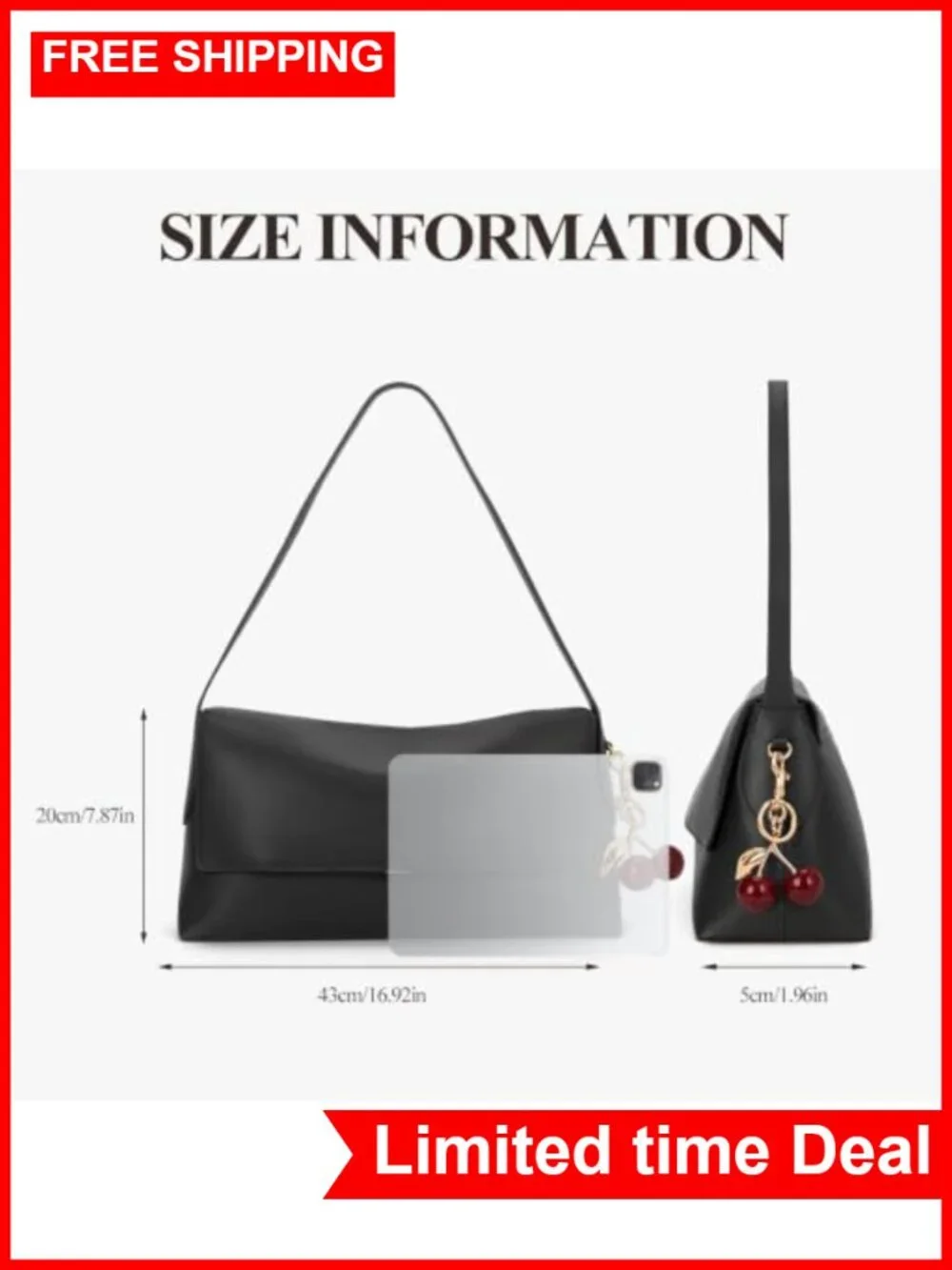 Faux Leather Hobo Bag Women Large Slouchy Shoulder Bag Cherry Charm Purse